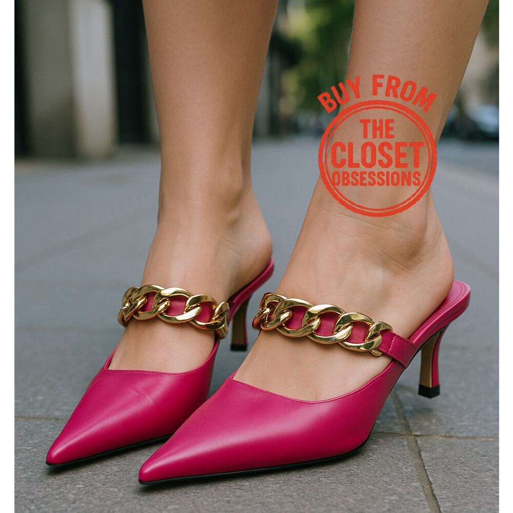 ZARA Pink Chain Strap Mule Heels NWT Pointed Toe Kitten Heel Pumps Size 8 - Picture 5 of 16